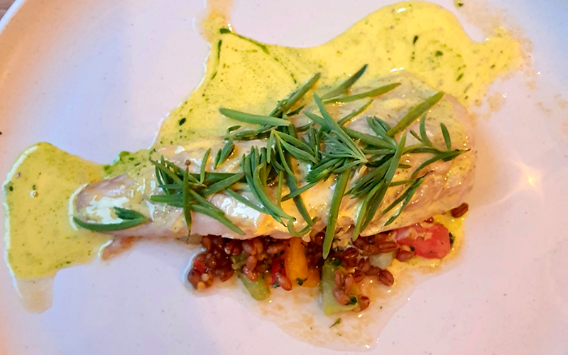 mackerel on a bacon, grain and tomato salad isaac at brighton
