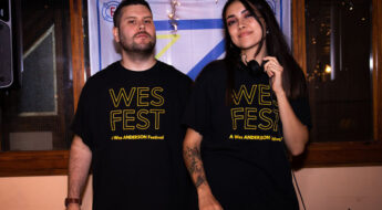 white wall cinema founder leila and henry wearing wes est t shirts
