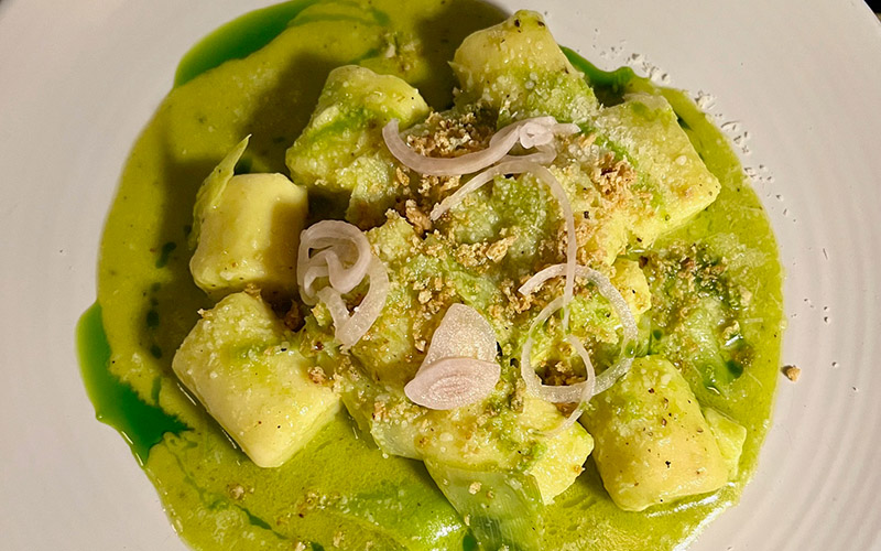 gnocchi with green sauce pictured on a plate at cin cin in Hove